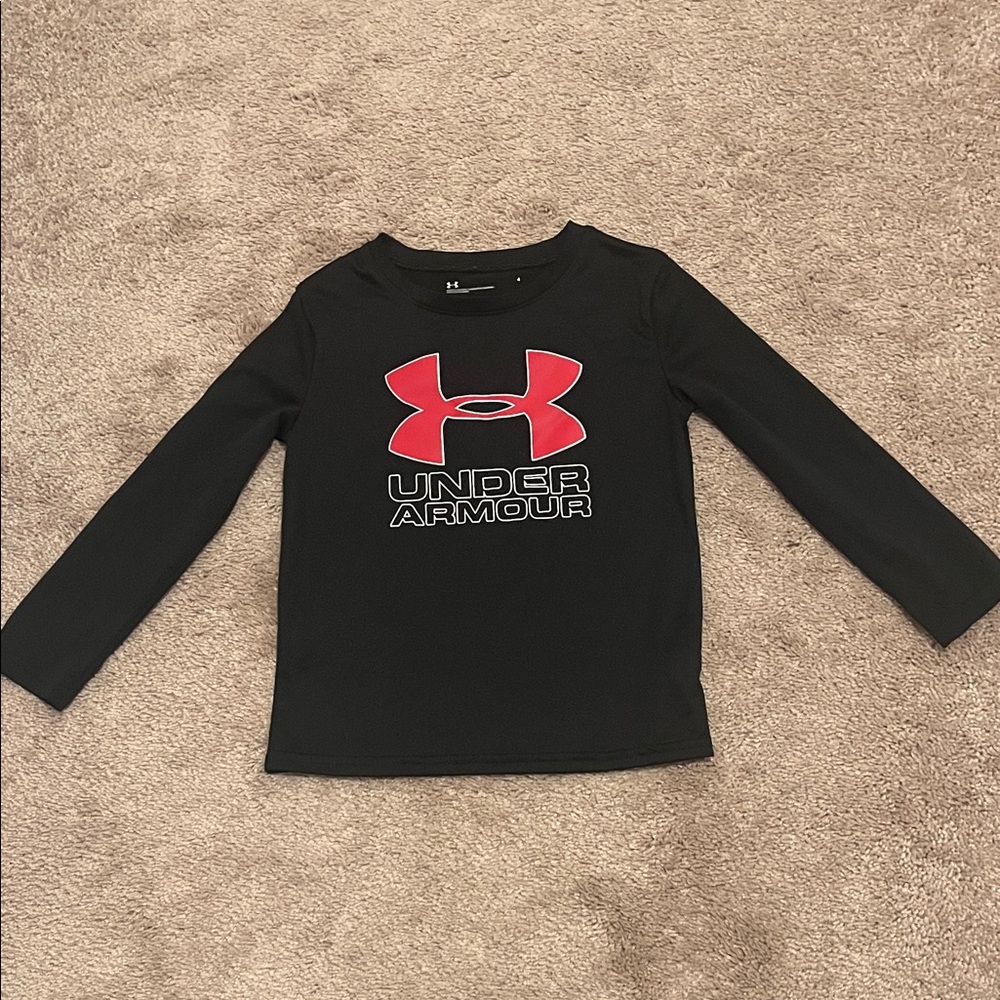 Under Armour Kids Black Long Sleeve Tee with Red Logo - Size 4